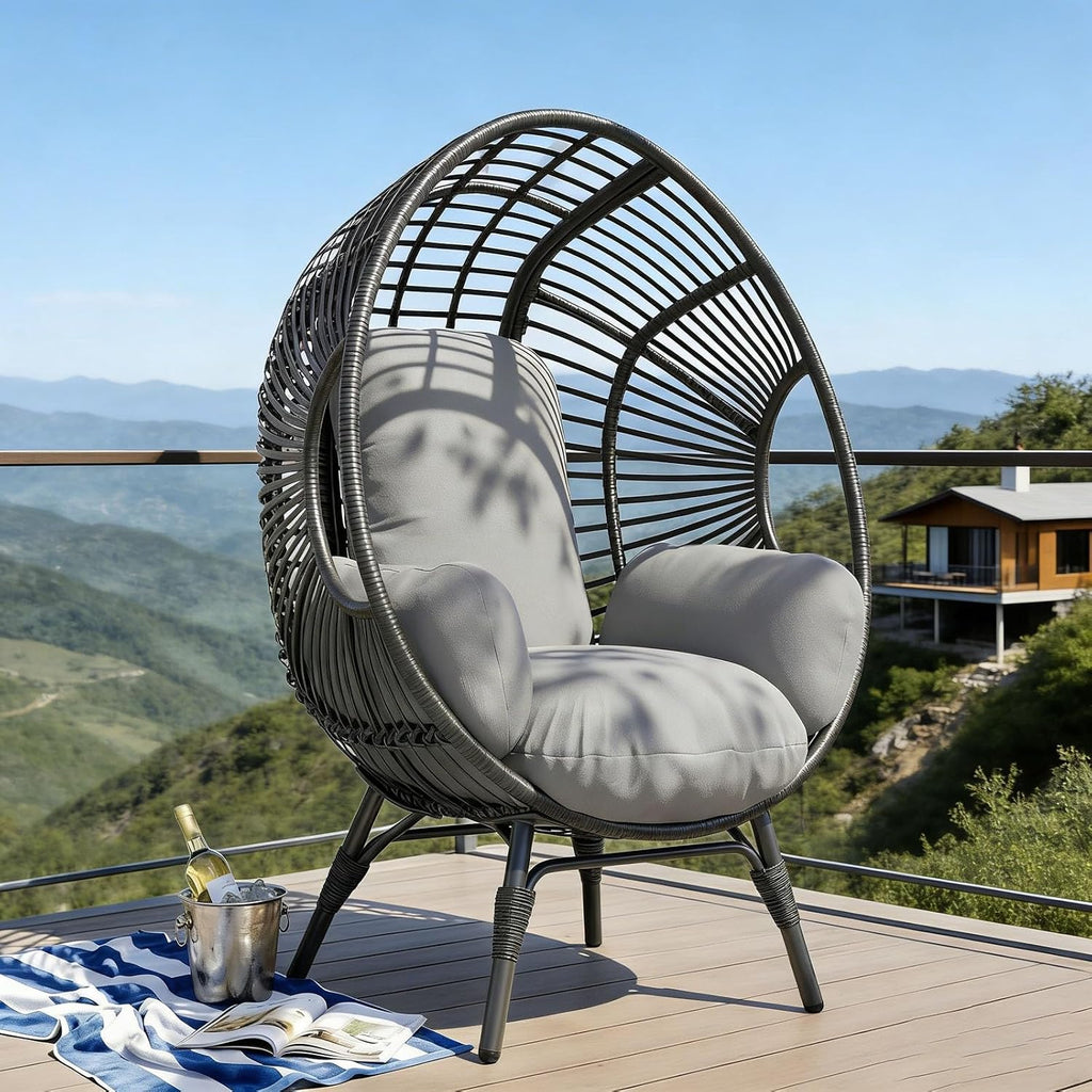 Egg Chair Outdoor Wicker, 400lbs Capacity, Rust-Resistant Steel Frame, 8-Inch Cushion Balcony Chairs(Black+Gray)