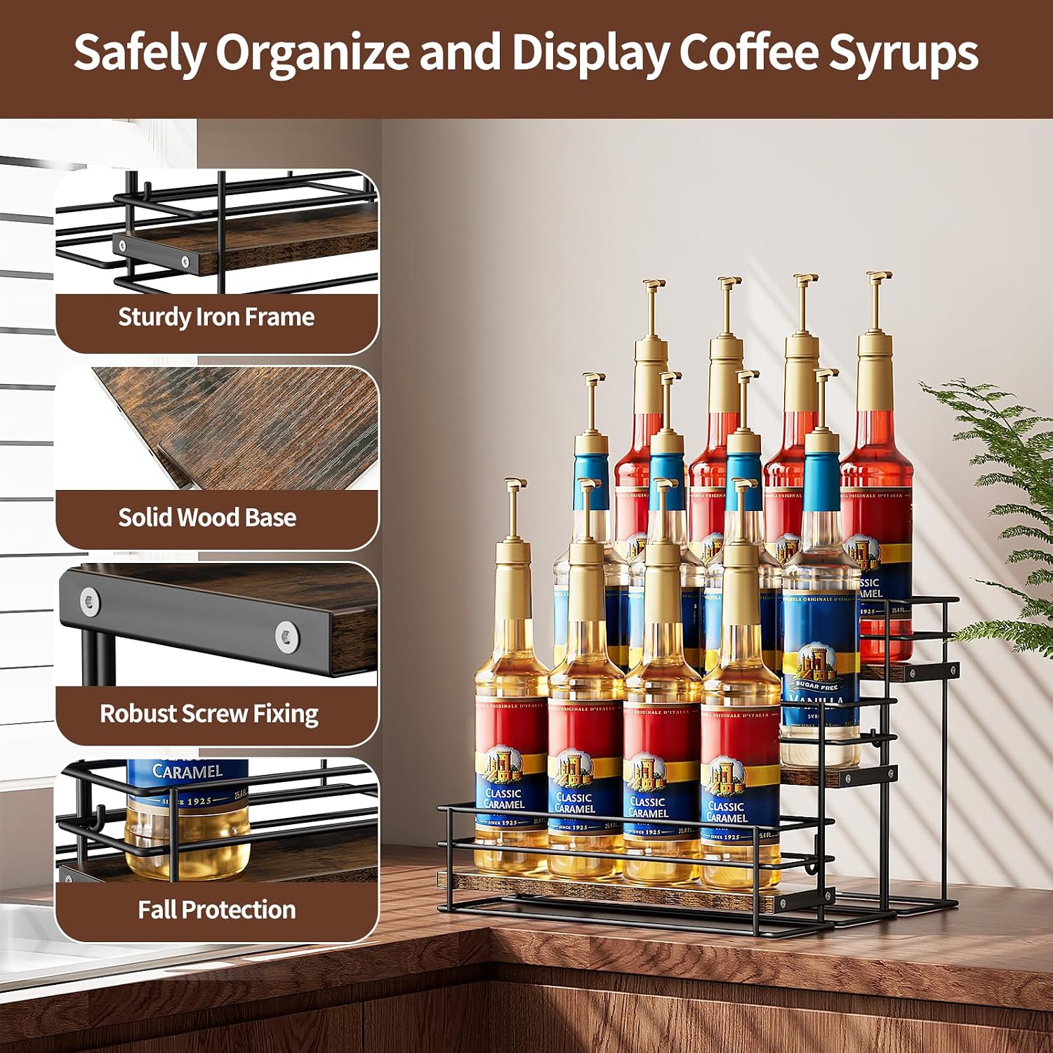 Nuovoware Coffee Syrup Organizer, 3-Tier 12 Bottles Bar Organizer, Separable Metal Rack with Wooden Base Whiskey Wine Dressing for Countertop Kitchen Coffee Bar, Black