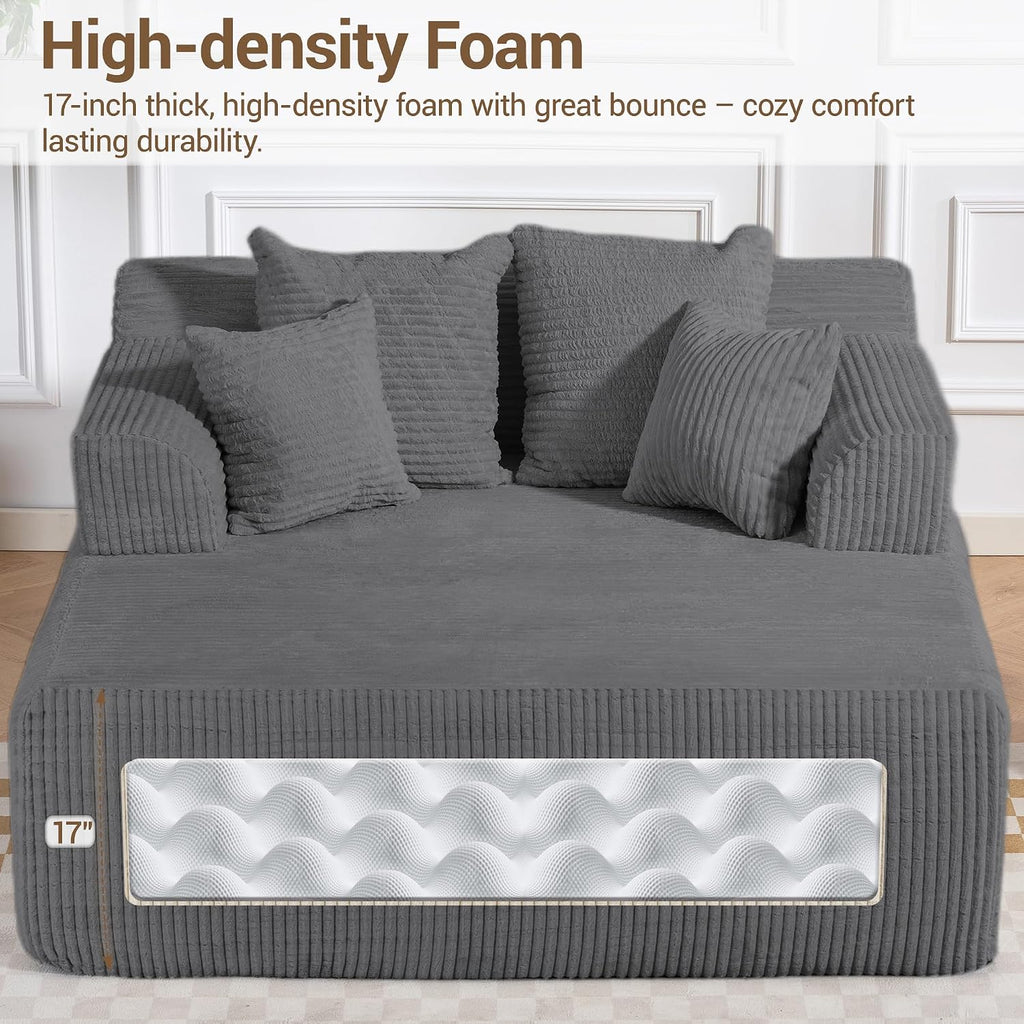 58" Oversized Boneless Chair, Corduroy Lounge Chaise Chair Indoor Sleeper Sofa Bed with Arms and 4 Pillows, No Assembly for Bedroom Living Room, Grey