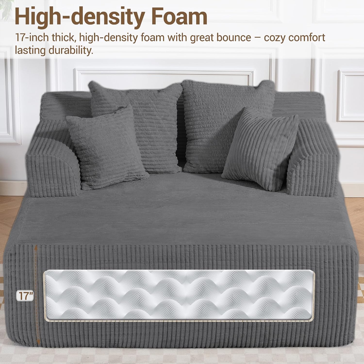 58" Oversized Boneless Chair, Corduroy Lounge Chaise Chair Indoor Sleeper Sofa Bed with Arms and 4 Pillows, No Assembly for Bedroom Living Room, Grey