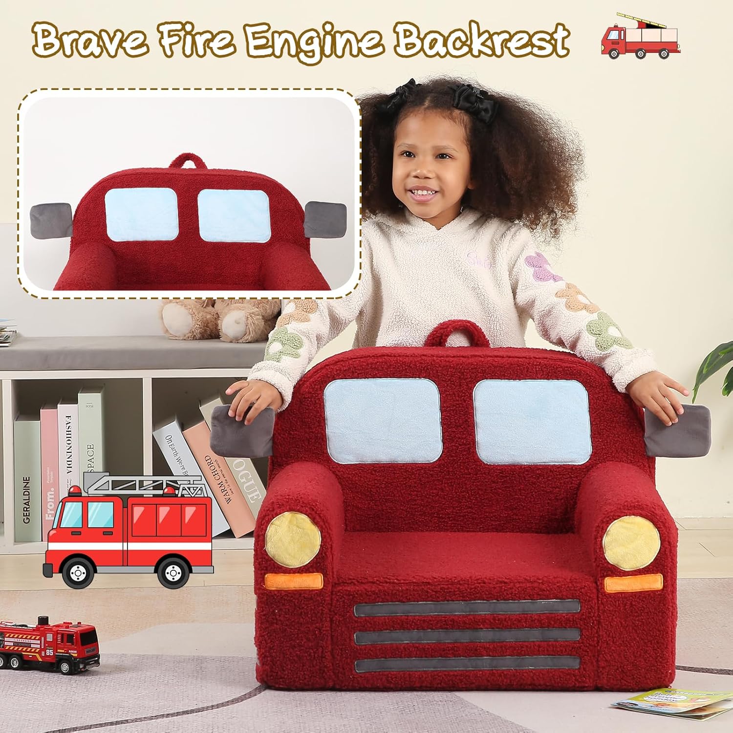 MOMCAYWEX Comfy Toddler Chair, Snuggly Kids Armchair, Red Fire Truck