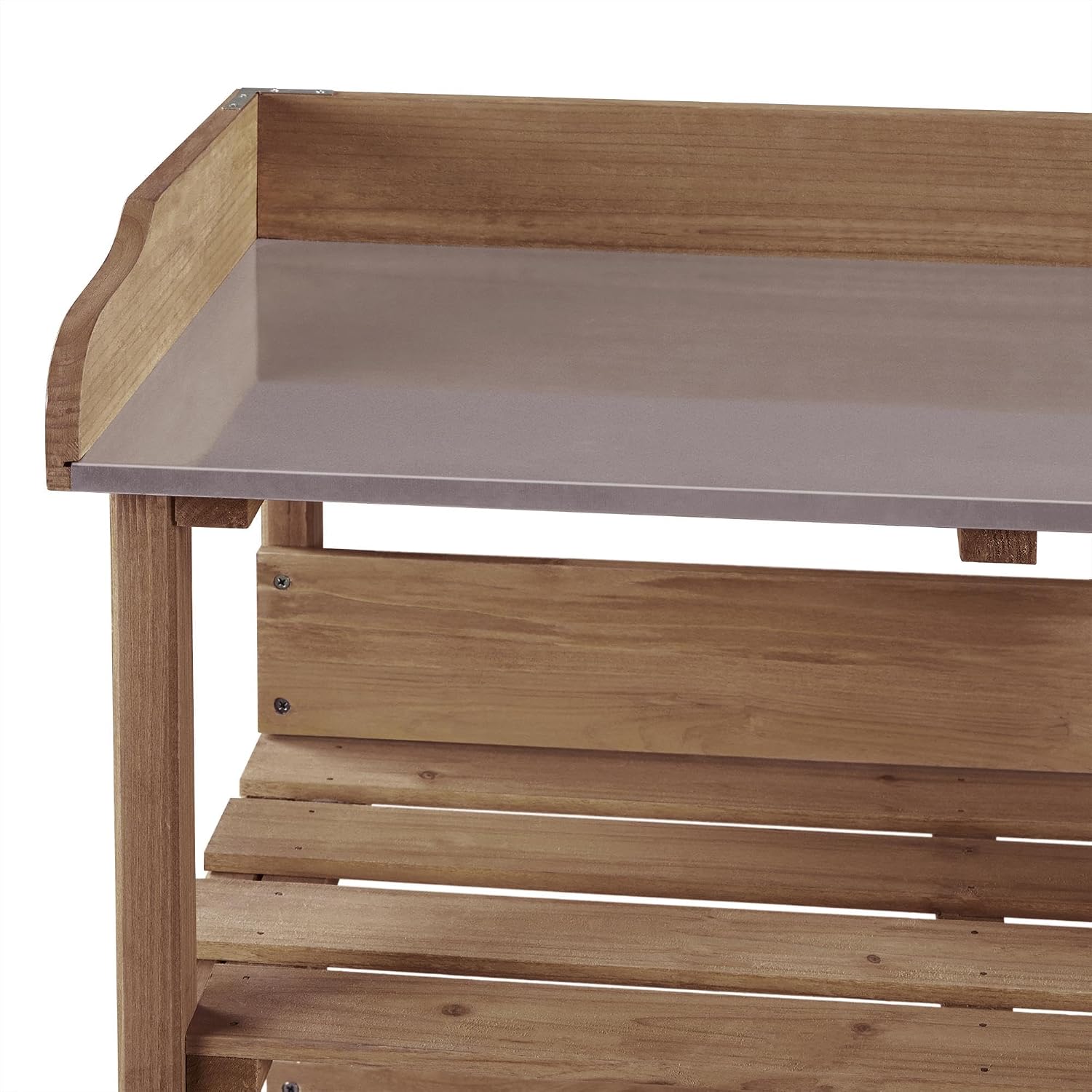 Topeakmart Potting Bench Table w/Metal Tabletop for Garden, Fir Wood Workstation w/3 Tier Shelves, Outdoor Work Bench w/Hook Brown