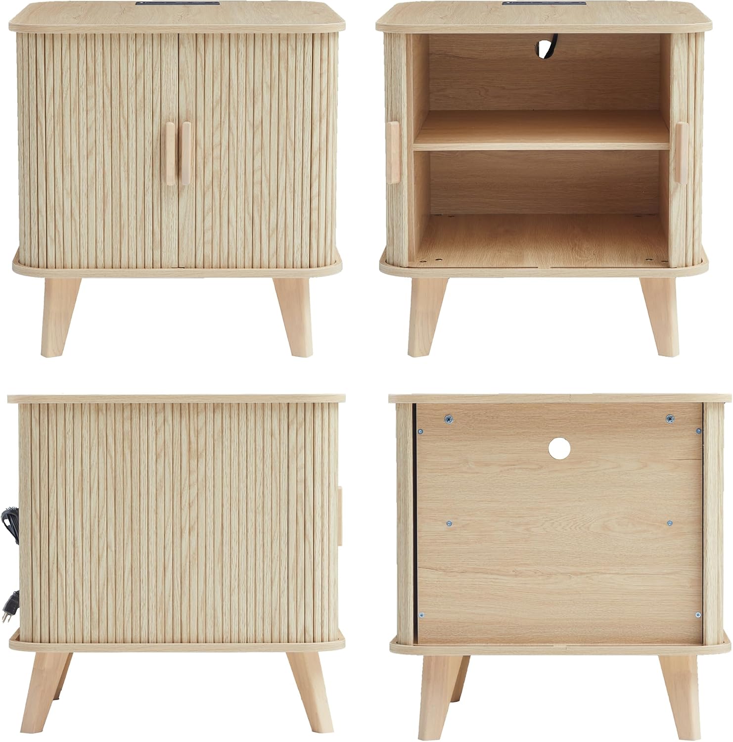 Nightstands Set of 2, 24 Inch Mid-Century Fluted End Table with Charging Station, Farmhouse Wood Side Table with Storage & Sliding Door for Sofa, Couch, Bed (2XSquare, Natural)