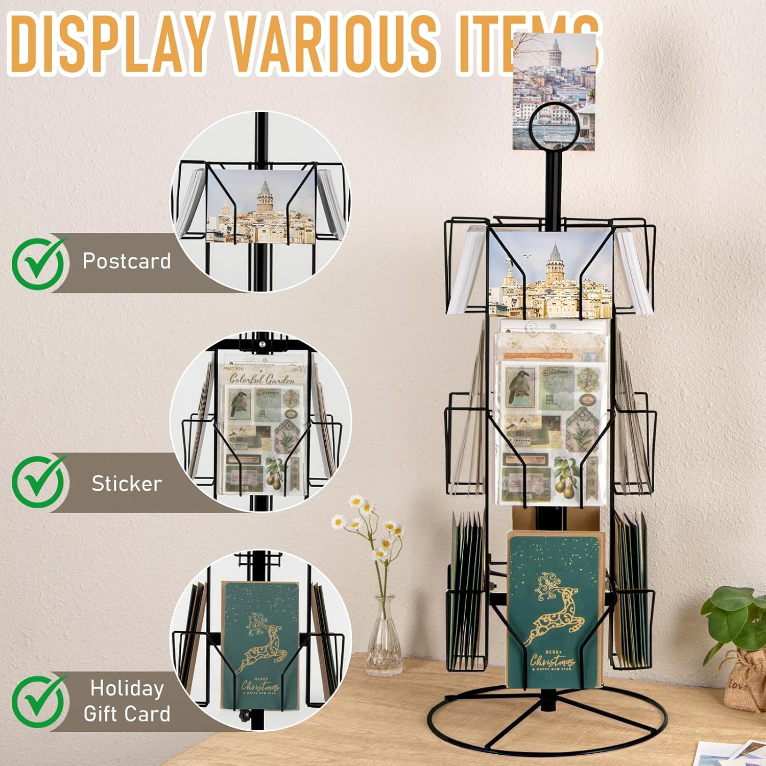 ANBOXIT Greeting Card Display Stand Rotating Rack Holder, for Postcard Sticker Retail, Metal Black, 12 Display Pockets