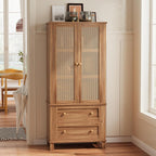 TROPOW Rattan Pantry Cabinet, 64 Inch Tall Kitchen Storage Cabinet with 2 Adjustable Shelves, 2 Drawers, Large Wooden Food Cupboard for Living Room, Dining Room, Light Brown