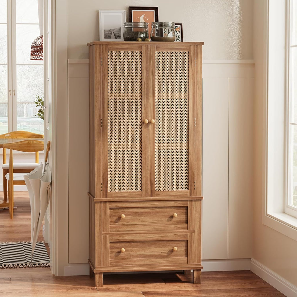 Rattan Pantry Cabinet, 64 Inch Tall Kitchen Storage Cabinet with 2 Adjustable Shelves, 2 Drawers, Large Wooden Food Cupboard for Living Room, Dining Room, Light Brown