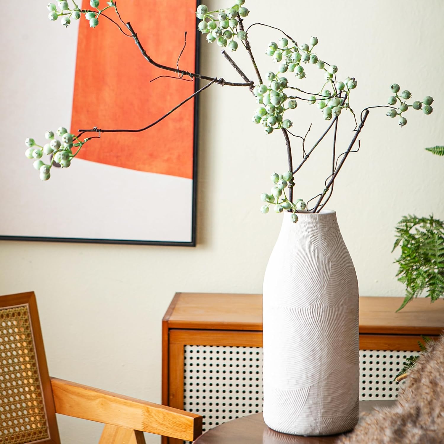 Decorative Ceramic Vase, 11.3 Inch White Modern Farmhouse Vases for Home Decor, Boho Textured Vases for Living Room, Table, Mantel, Shelf and Centerpieces Decor
