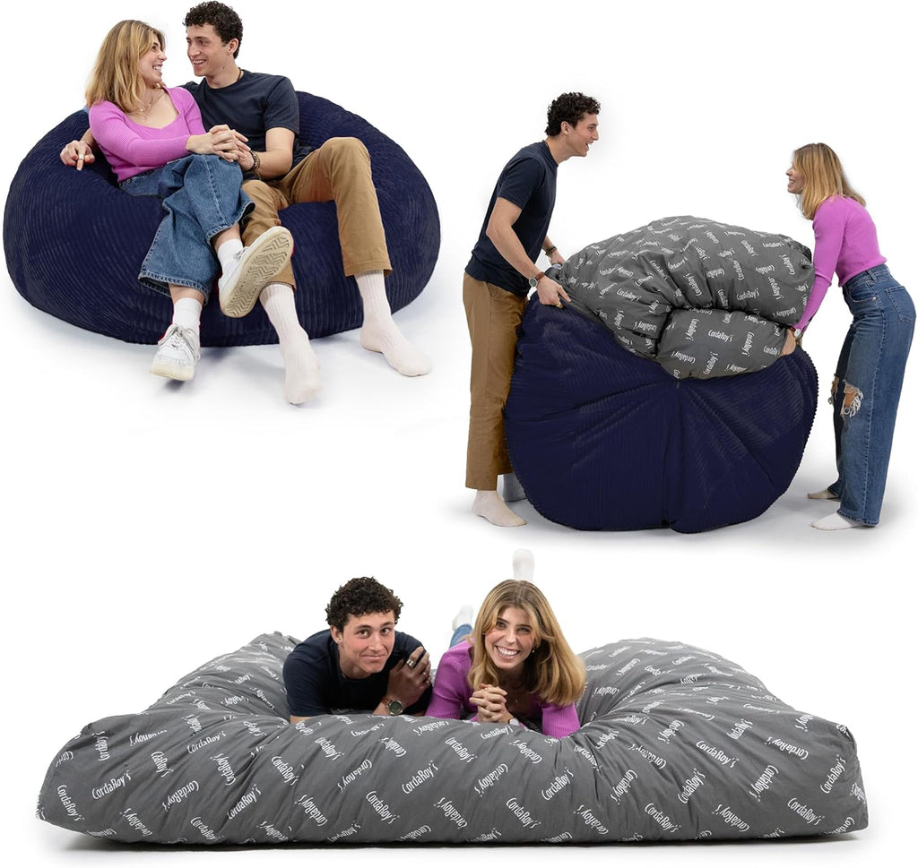 CordaRoy's Plush Bean Bag - Convertible Bean Bag Chair - Machine-Washable Plush Fabric Cover - for Basement, Living Room, Game Room, Dorm & More - Full Size - Indigo | Made in The USA