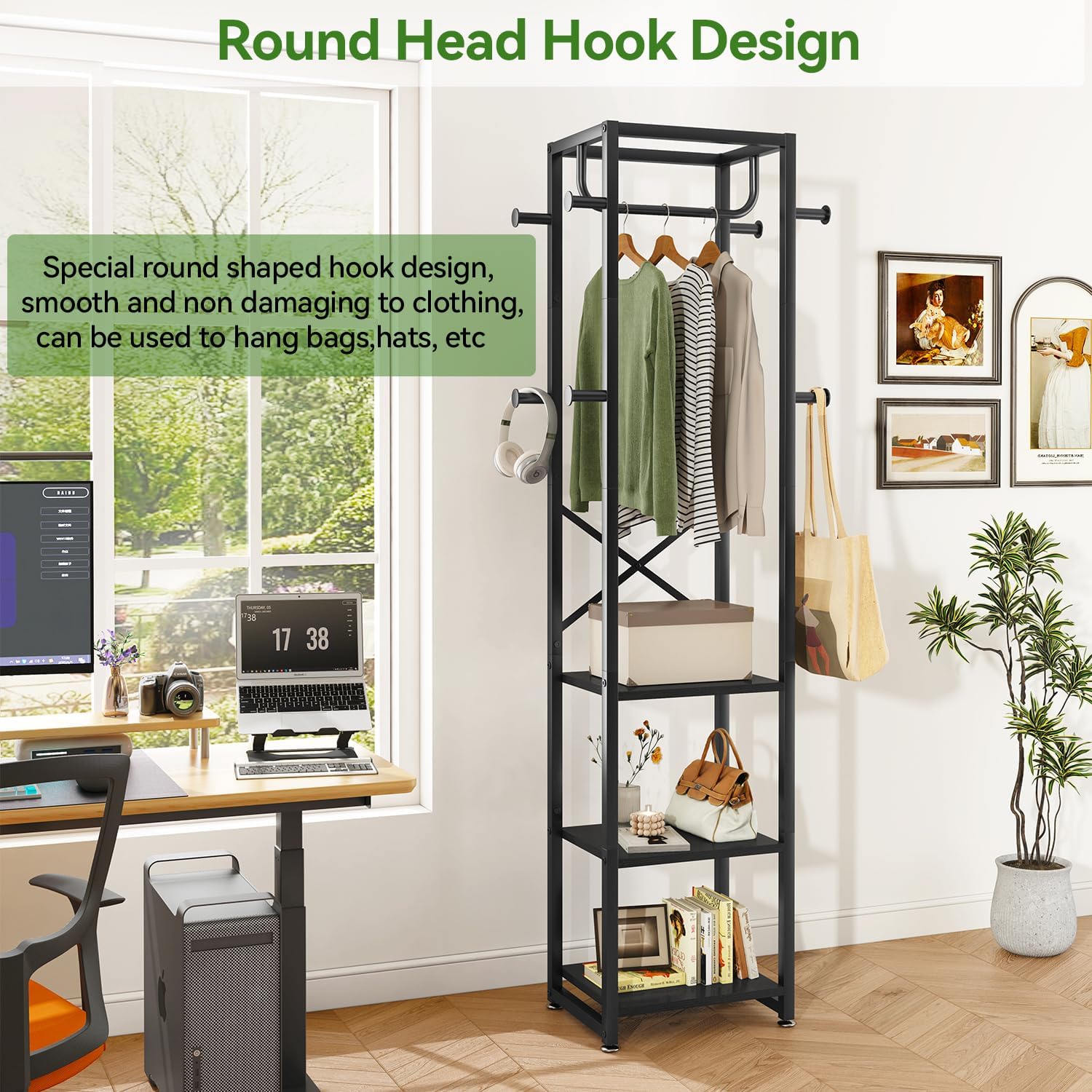 IBUYKE Freestanding Coat Rack,with 3 Shelves and 8 Hooks,Black UTMJ088B | Metal Frame,Industrial Hall Tree,Clothes Stand for Entryway, Hallway, Bedroom,Office, Living Room