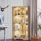 LELELINKY Farmhouse Corner Display Cabinet with Glass Doors, Corner Curio Cabinet with 3-Color LED Motion-Sensor Light, Reinforced Base, Natural