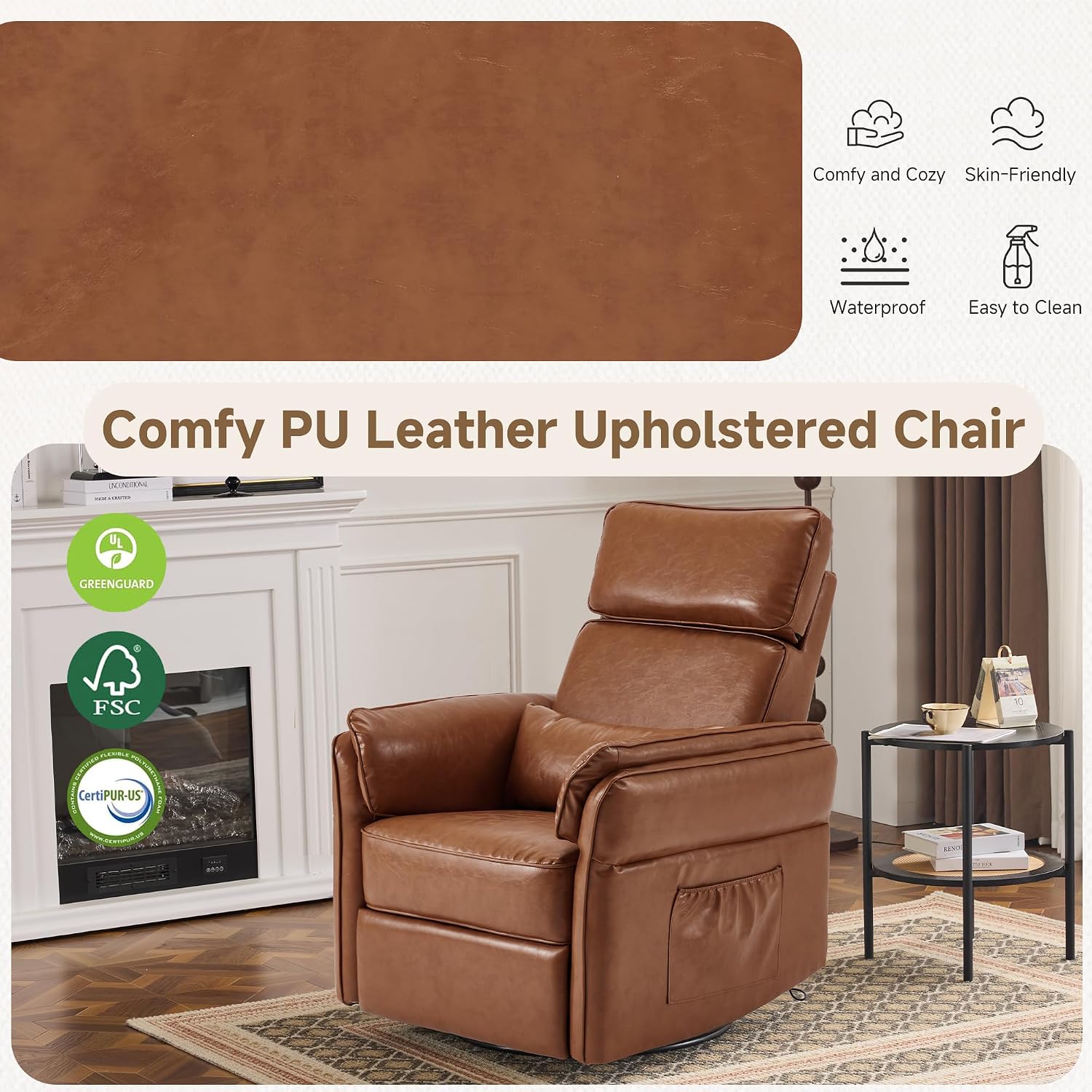 MELLCOM Power Recliner Rocking Chair with Adjustable Arms and Headrest, Swivel Electric Glider Reclining Nursing Chair Nursery Gliders with USB Port and Storage Bags, FSC Certified(Leather, Brown)