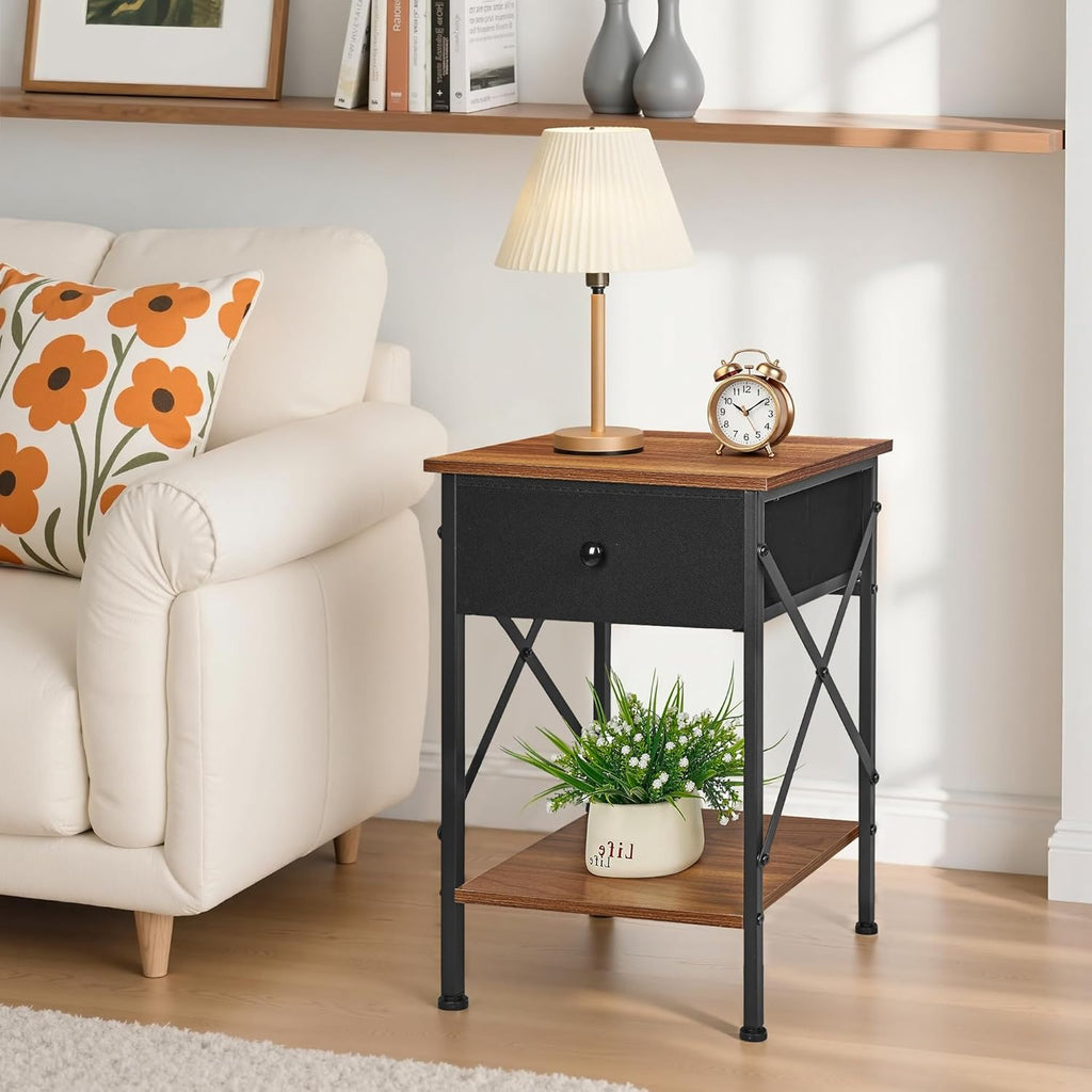 VECELO Nightstand Set of 2, X-Design End Side Table with Fabric Storage Drawer and Open Shelf, Bedside Night Stand with Steel Frame for Bedroom, Living Room,Dorm, Easy Assembly, Classic Brown