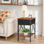 VECELO Nightstand Set of 2, X-Design End Side Table with Fabric Storage Drawer and Open Shelf, Bedside Night Stand with Steel Frame for Bedroom, Living Room,Dorm, Easy Assembly, Classic Brown