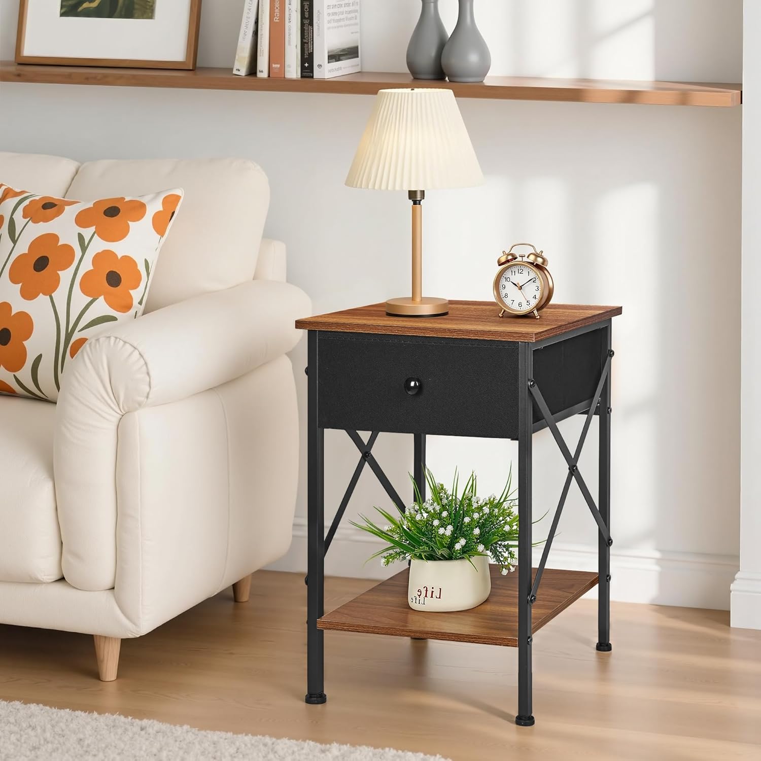 VECELO Nightstand Set of 2, X-Design End Side Table with Fabric Storage Drawer and Open Shelf, Bedside Night Stand with Steel Frame for Bedroom, Living Room,Dorm, Easy Assembly, Classic Brown