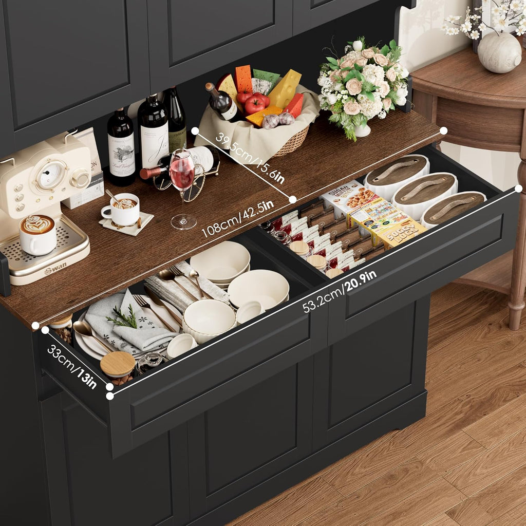 FACBOTALL 74" Pantry Cabinet, Tall Kitchen Pantry Cabinet with 6 Doors and 2 Drawers, Kitchen Hutch with Wide Countertop, Modern Kitchens Cupboard with Adjustable Shelves and Charge Holes, Black
