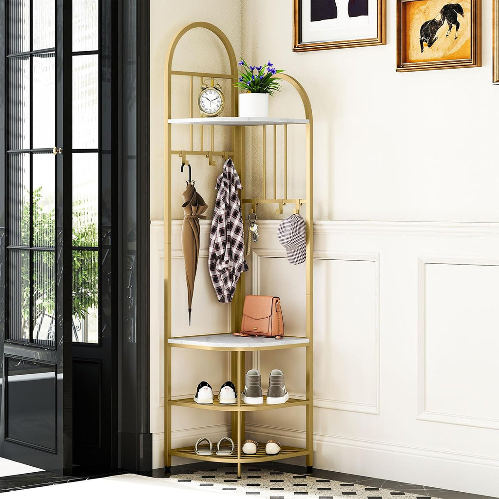 Tangkula Corner Hall Tree, 71 Inch Tall Entryway Coat Rack with Shoe Bench & 4 Storage Shelves, 6 Movable Hooks, Freestanding Metal Corner Clothes Rack for Bedroom Hallway Living Room