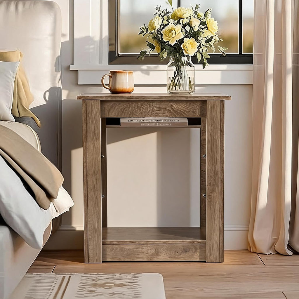 Tribesigns End Table, Narrow Side Table for Living Room, Farmhouse Nightstand with Storage Shelves for Bedroom, Small Spaces, Rustic Brown
