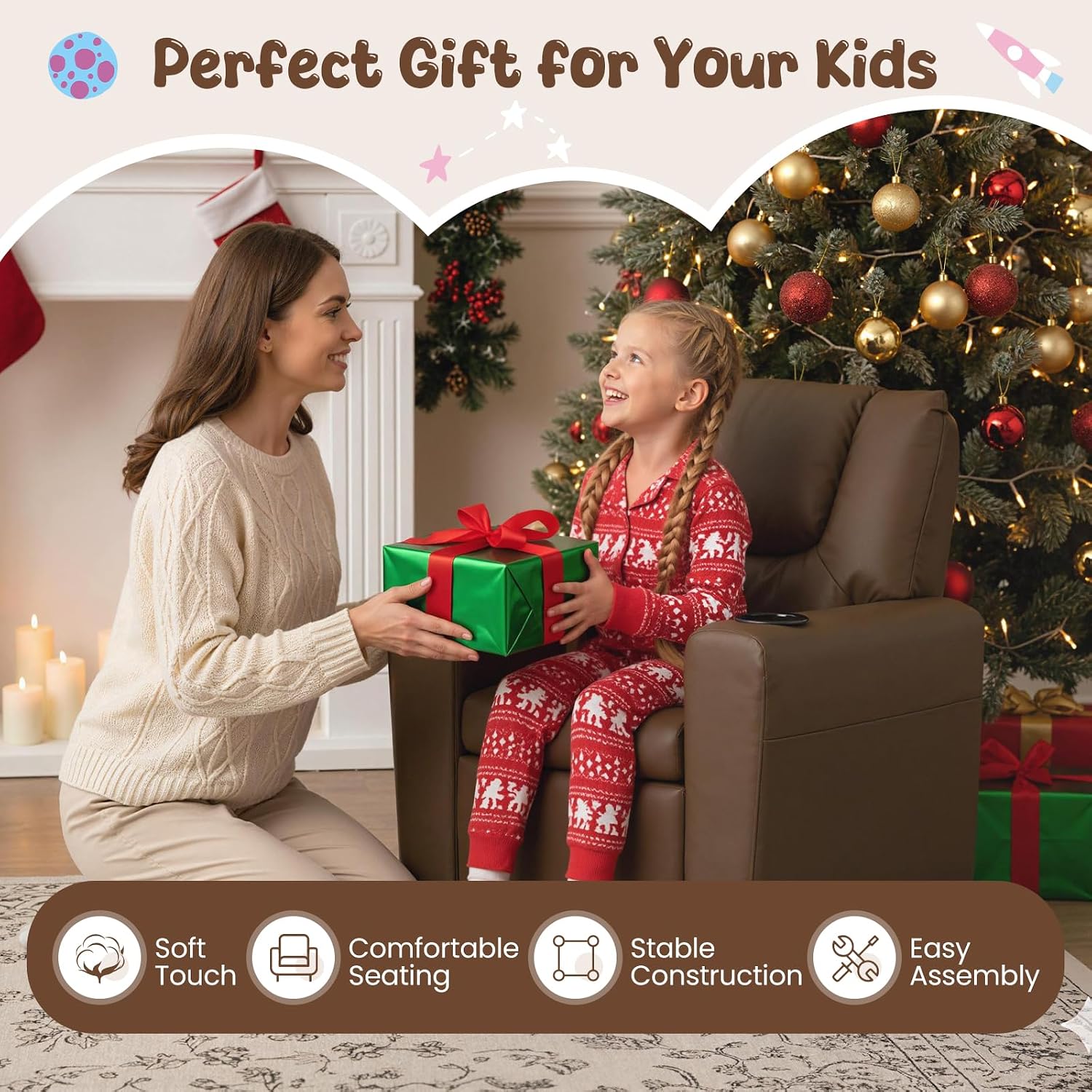 HONEY JOY Kids Recliner, 2-in-1 Toddler Armrest Sofa Couch with Cup Holders, Adjustable Footrest, PU Leather, Child-Size Recliner Chair for Boys Girls Age 3+ (Brown)