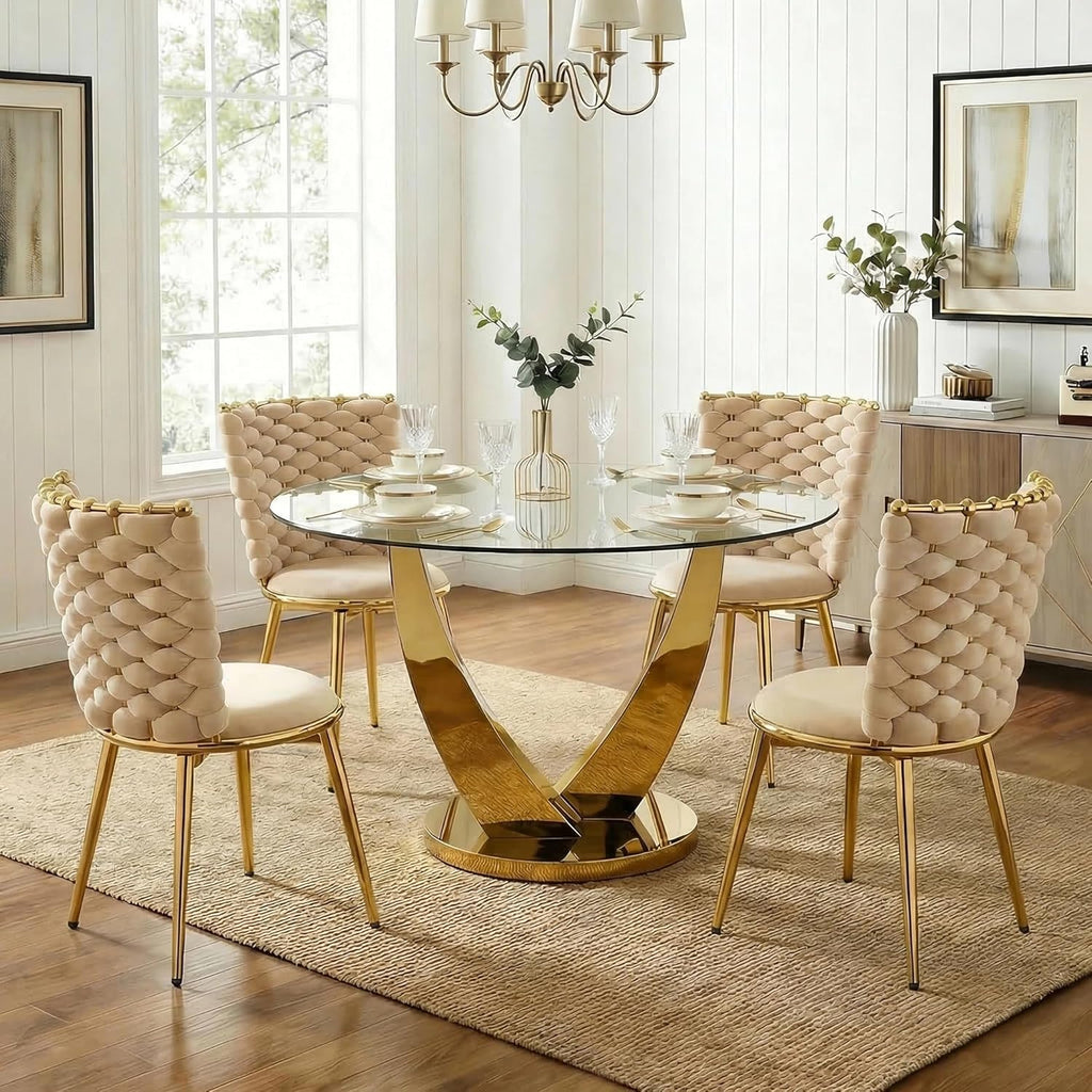 47.2" Round Glass Dining Table for 4-6, Modern Kitchen Table with Tempered Glass Top & Stainless Steel Legs, Circle Dining Table for Home, Living Room, Apartment (Gold)