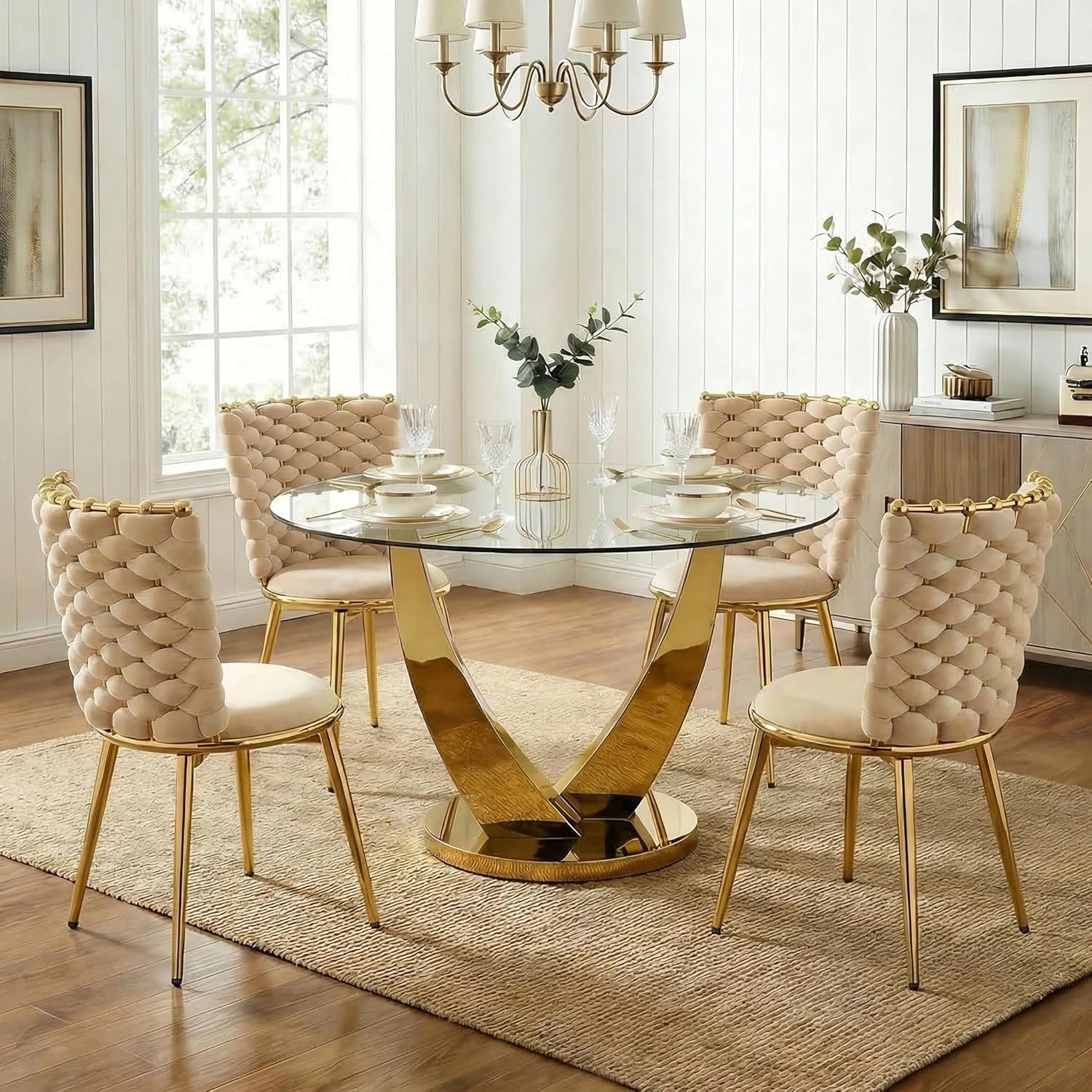 47.2" Round Glass Dining Table for 4-6, Modern Kitchen Table with Tempered Glass Top & Stainless Steel Legs, Circle Dining Table for Home, Living Room, Apartment (Gold)