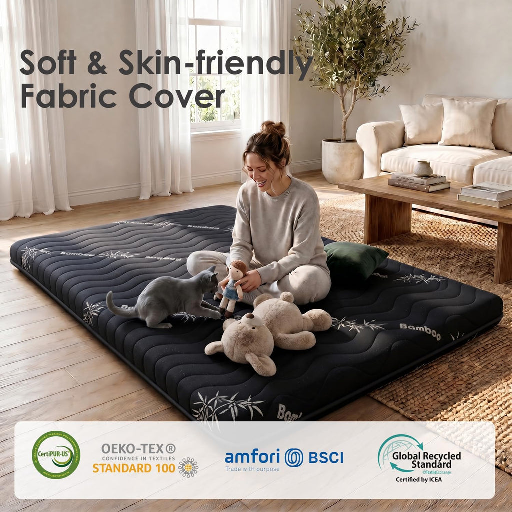 Japanese Floor Mattress Viscose Derived from Bamboo, 100% High Density Foam, 3.5" Thicken Cooling Foldable Futon Mattress Tatami Mat, Roll Up Floor Bed for Guest Room Bedroom RV, Black, Twin