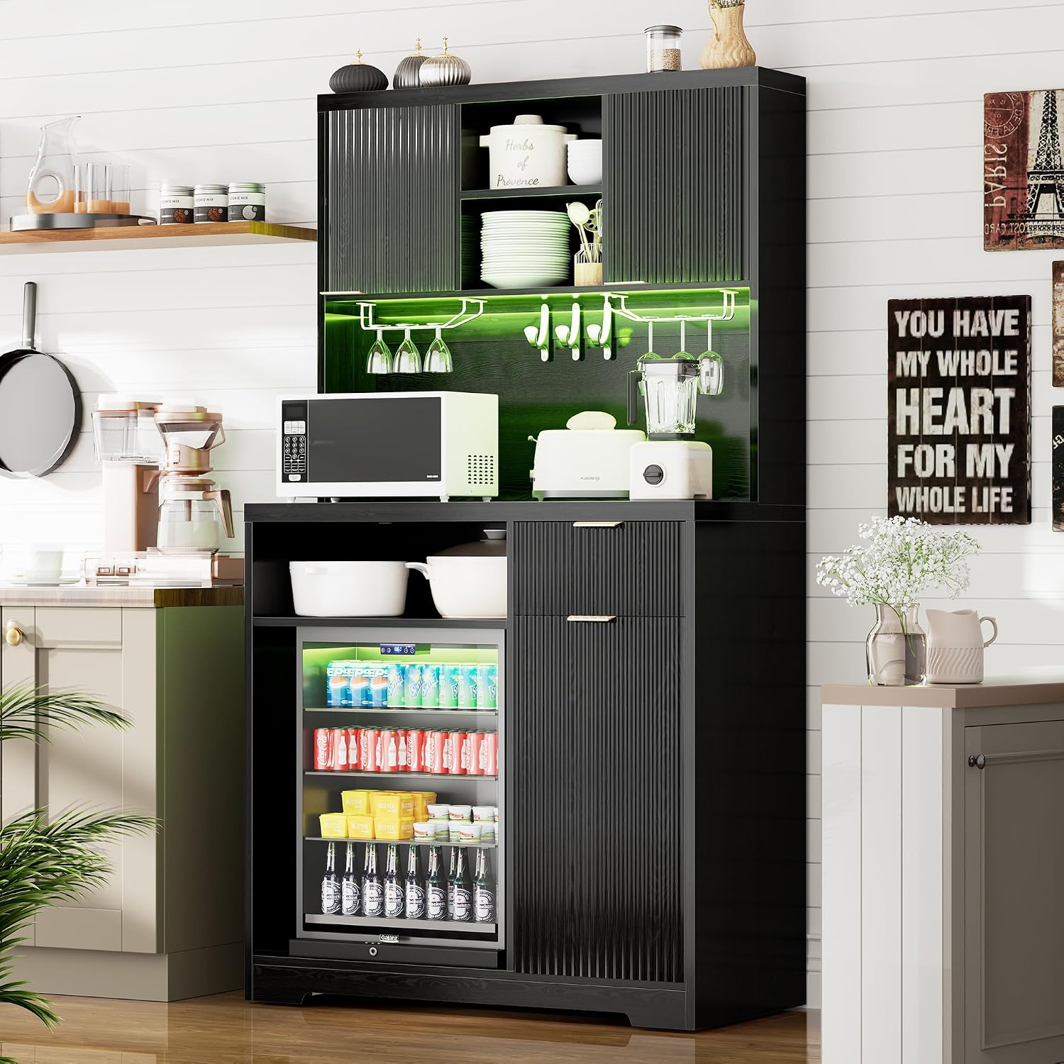 Saudism Coffee Bar Cabinet with Mini Fridge, 72" Tall Wood Mini Fridge Cabinet with Storage, RGB Light, Cup Holder, for Home Kitchen Dining Room, Black