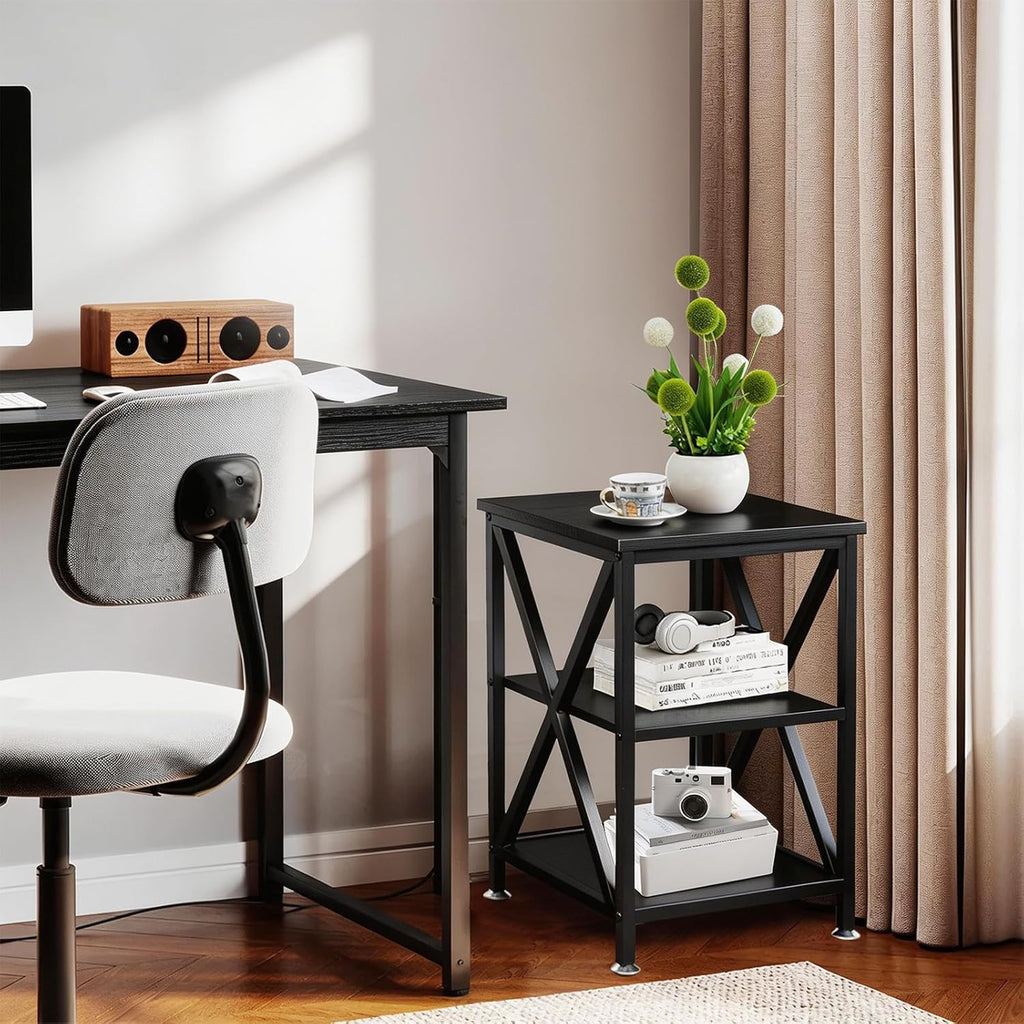 TooCust Square End Table with Storage Shelf, 16" D X 16" W X 24" H, 3-Tier End Table Living Room, Black Metal End Tables, X-Shaped Night Stand for Bedroom, Farmhouse Wood End Tables Black