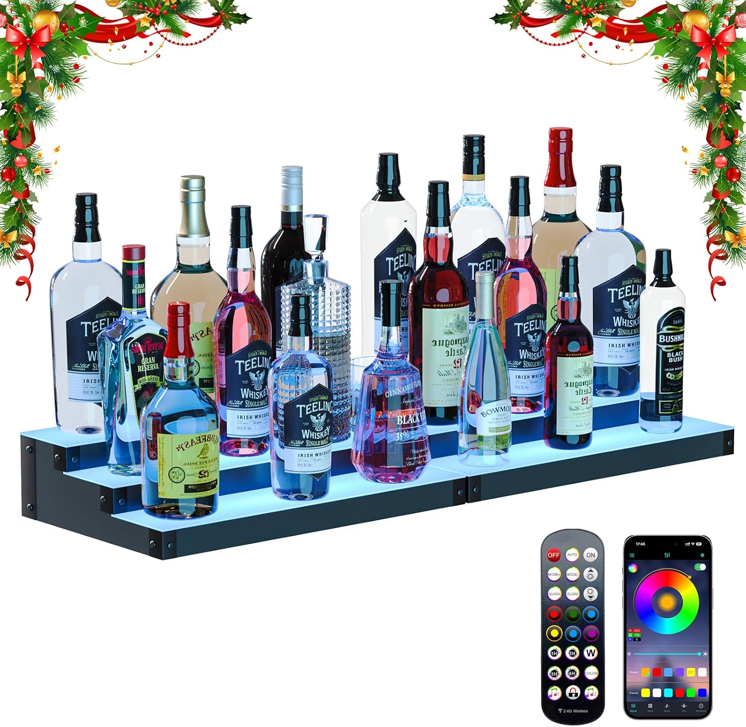 LED Illuminated Bar Bottle Display Rack, 3-Tier 32" Multi-Color Whiskey Rack, Tabletop Wine Rack Equipped with RF Remote Control and App Control Ideal Choice for Home Bar, Whiskey Lovers Gift