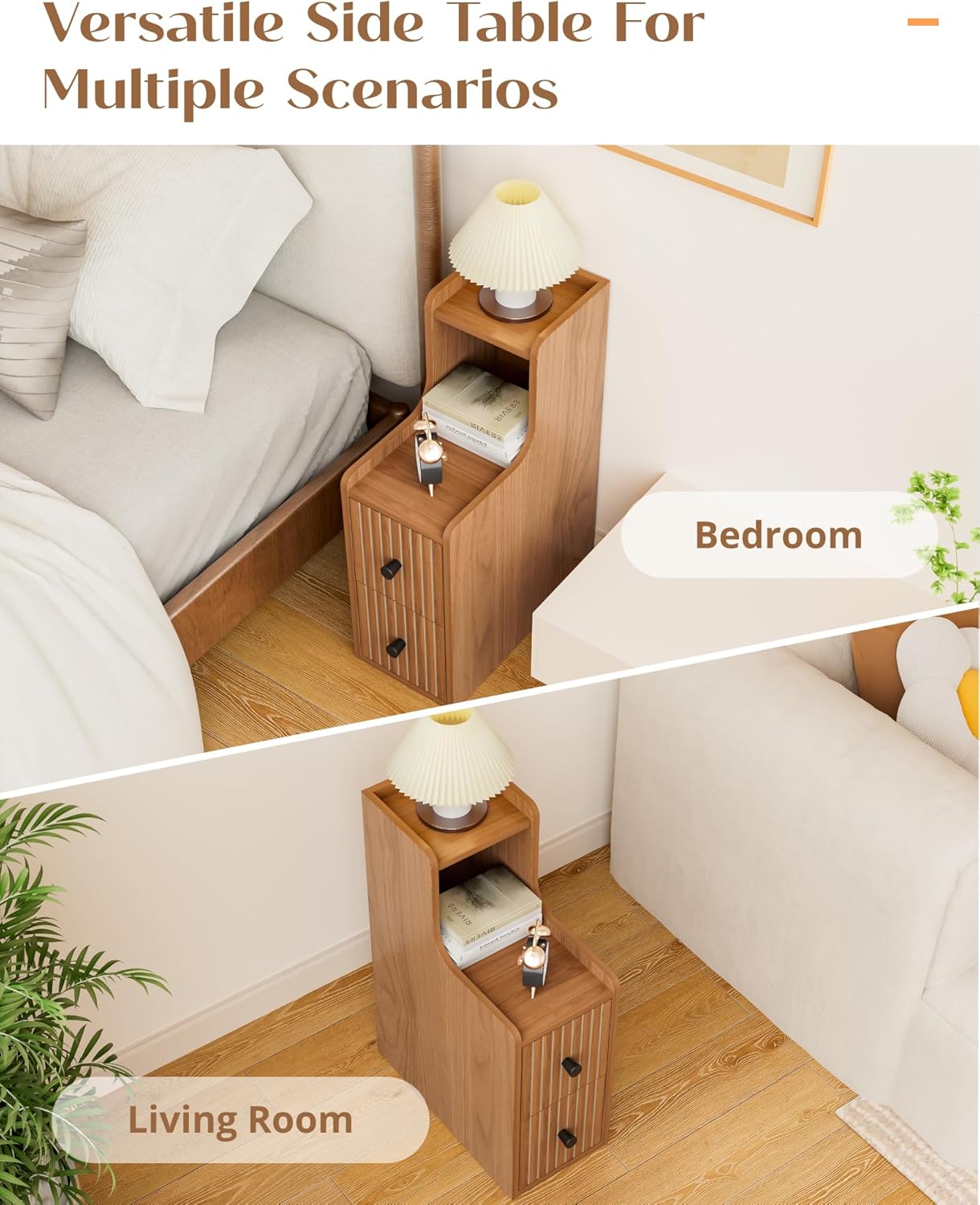Narrow End Table Set of 2, Fluted Wooden Slim Side Table with 2 Drawers, Mid Century Modern Night Stand for Living Room, Bedroom, Walnut（No Charging Station）