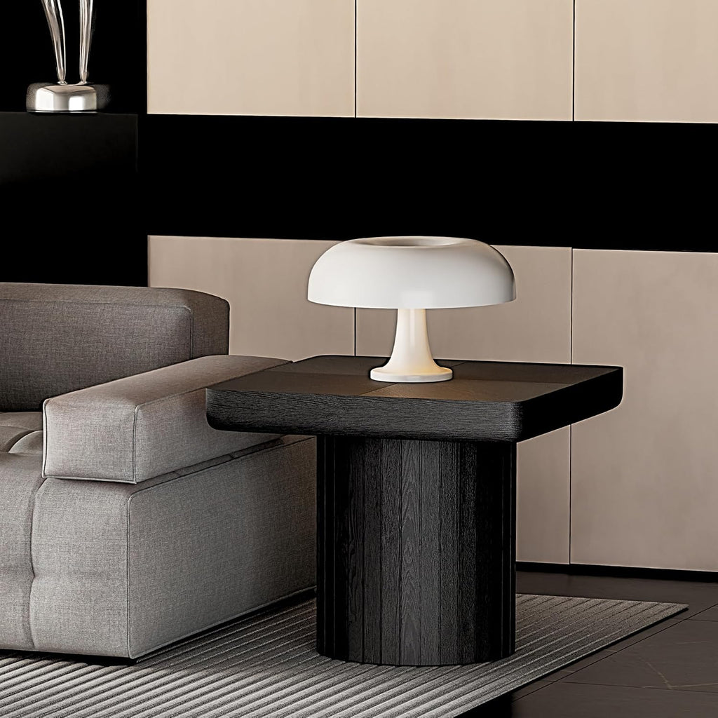 GOWE 23.6'' Modern Solid Wood Veneer End Table, Minimalist Square Side Table with Parquet Pattern, Grooved Cylindrical Base & Thickened Tabletop, Compact Accent Table for Living Room, Matte