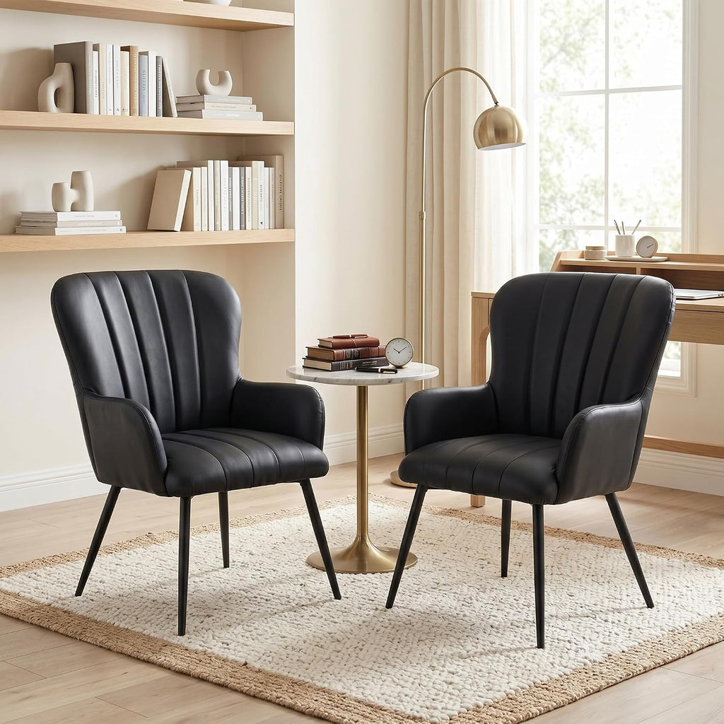 Office Accent Chair of 2 for Guests，Small Chairs for Small Spaces Occasional Podcast Comfortable Study Reading Armchair Armchair with Wide Seat Living Room Bed Room Faux Leather (2, Black)