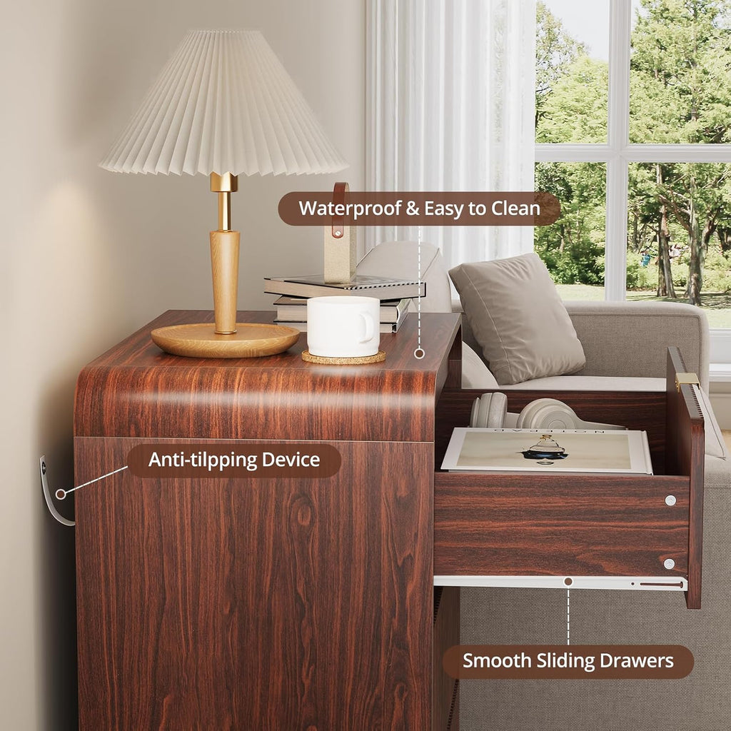FURSUN 32" Tall Fluted Nightstand Set of 2, 3 Drawers Wooden End Table w/Storage, Curved Profile Design, Modern Bedside Table for Bedroom, Dark Walnut