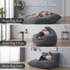 3 in 1 Bean Bag Chair with Memory Foam Filler, Beanbag Chairs for Adult with Washable Cover, Fluffy Oversize Bean Bag Chair Reading Lounger for Bedroom & Living Room (Dark Grey)