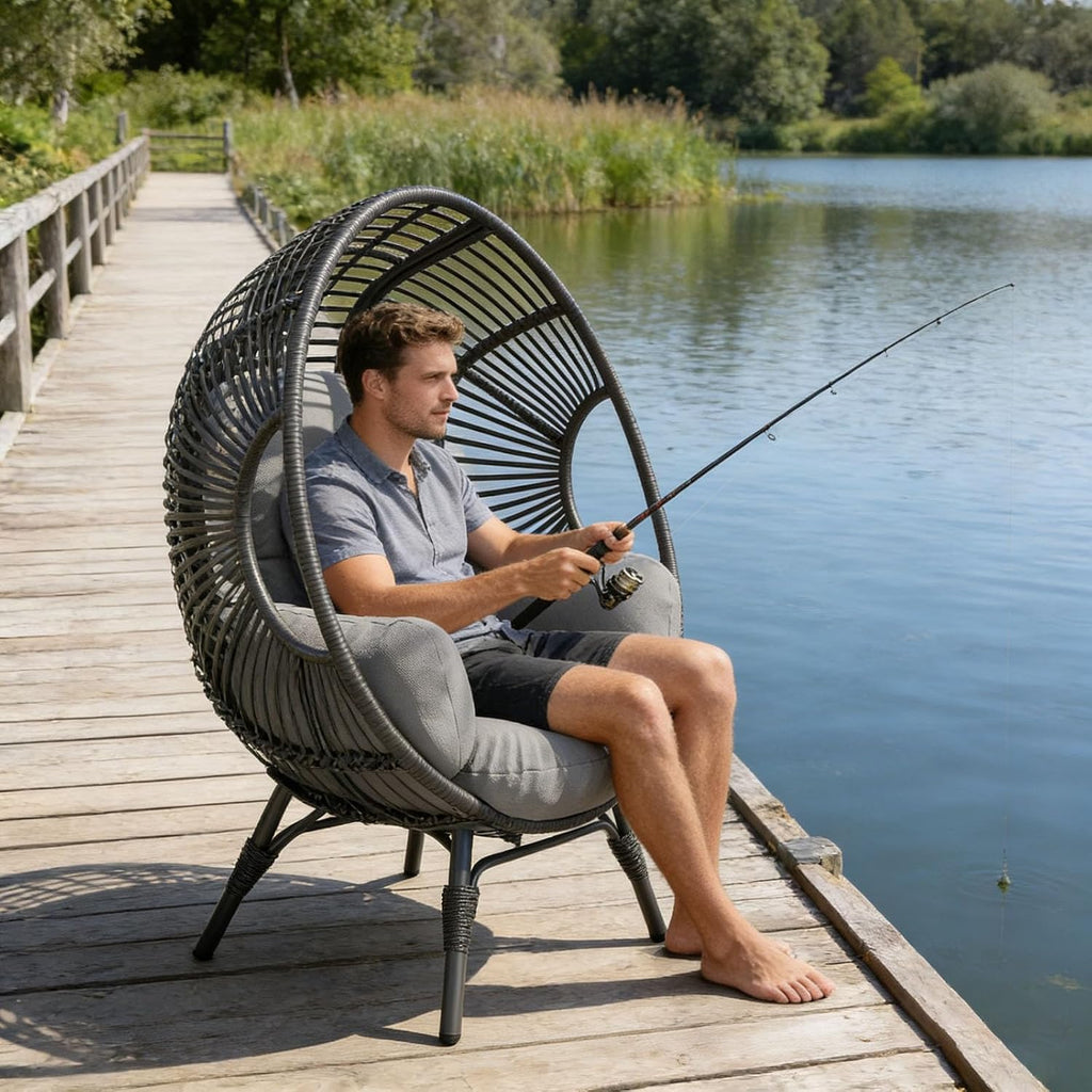 Weather-Resistant PE Rattan Egg Chair, Wicker Indoor Outdoor, 400lbs Capacity, Ergonomic Balcony Chairs with Cushion(Black+Gray)