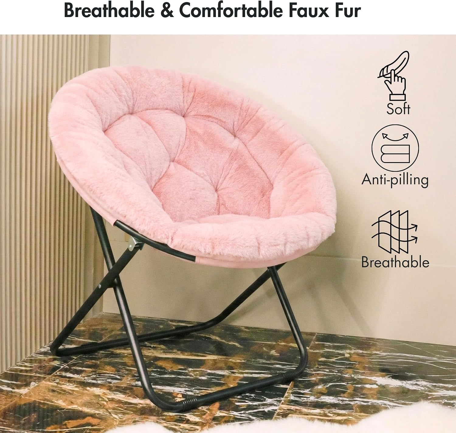 Comfy Faux Fur Saucer Chair for Adults, Foldable Moon Chair with Metal Frame, Soft Padded Lounge Chair for Bedroom, Dorm & Gaming, Large Cozy Circle Chair for Teens & Adults (Dusty Rose)