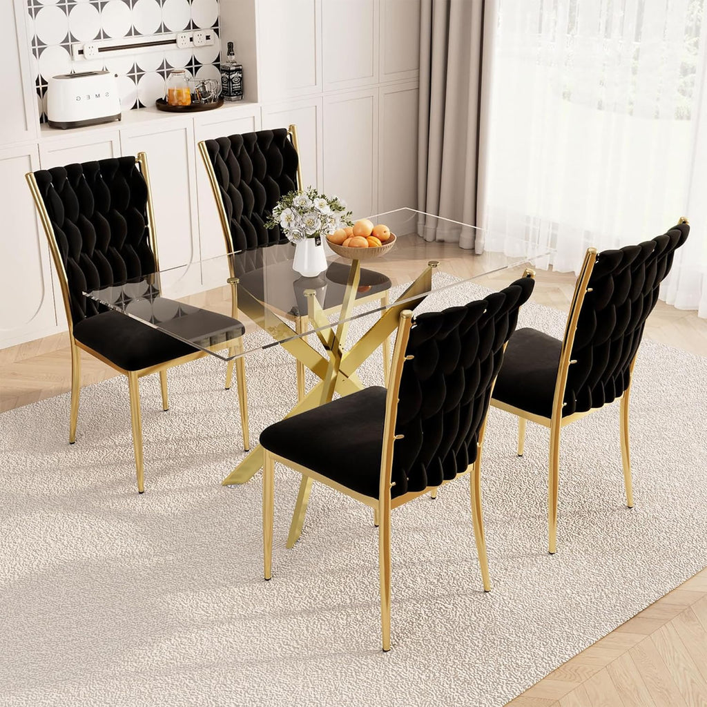 51'' Glass Dining Table Set for 4, Modern Rectangular Dining Room Table with Gold Metal Legs & 4 Upholstered Velvet Dining Chairs, Space-Saving Kitchen Table Set for Small Spaces, Apartment(Black)