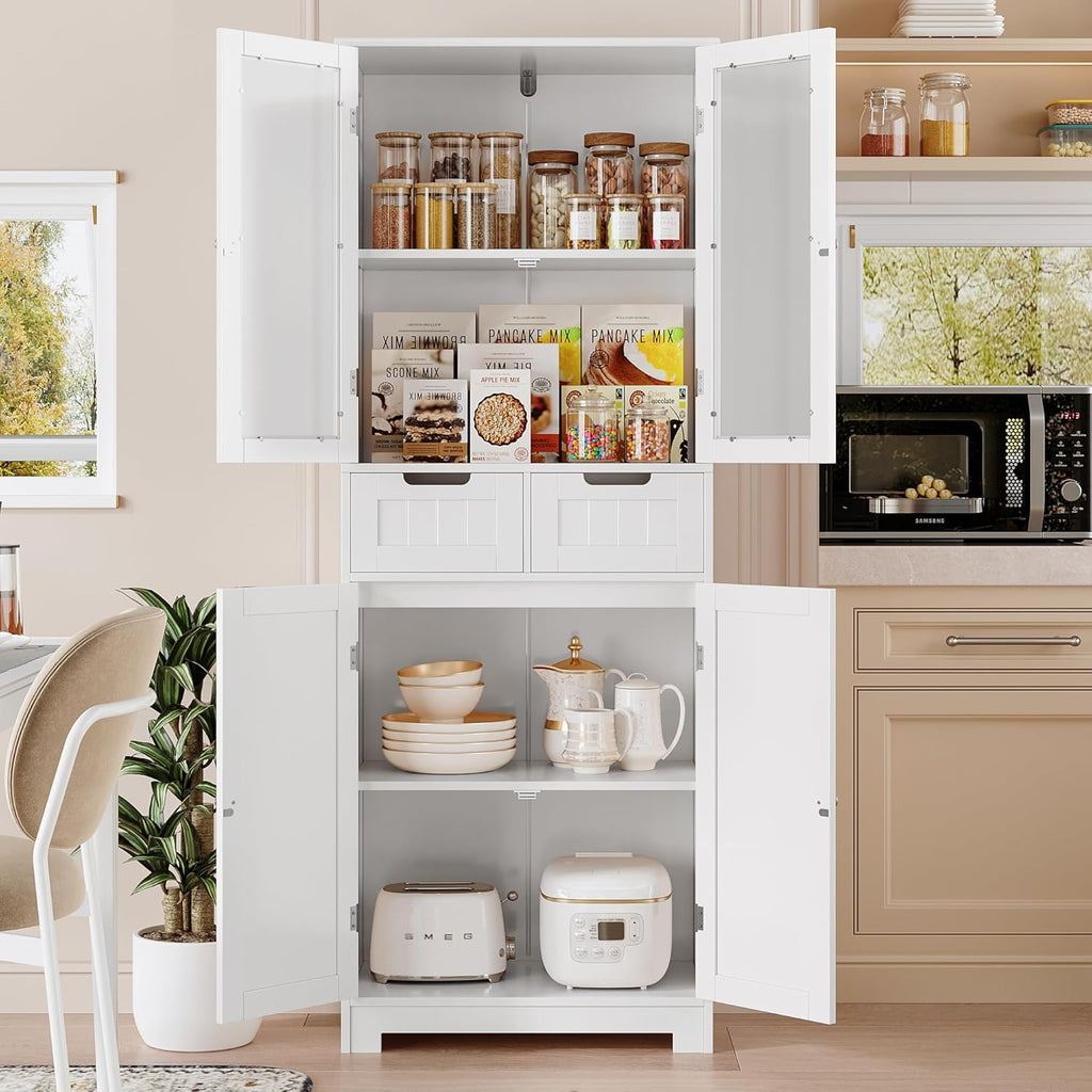 HOSTACK 64" Tall Storage Cabinet, Kitchen Pantry with Drawers, Modern Bathroom Cabinet with Shelves and Glass Doors, Free Standing Linen Storage Cupboard for Dining Room, White