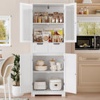 HOSTACK 64" Tall Storage Cabinet, Kitchen Pantry with Drawers, Modern Bathroom Cabinet with Shelves and Glass Doors, Free Standing Linen Storage Cupboard for Dining Room, White