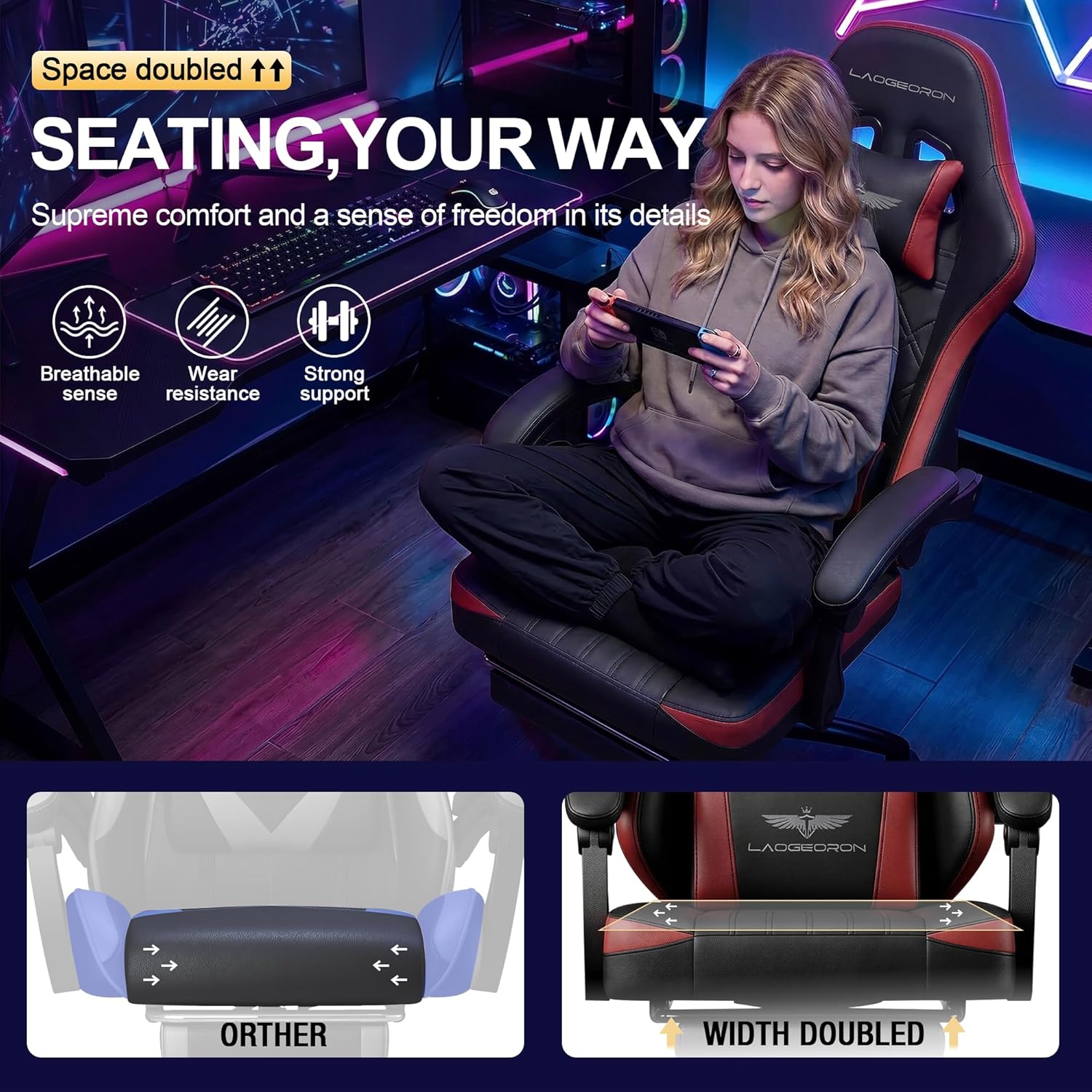 Ergonomic Gaming Chair with Retractable Footrest, High Back Video Game Chairs Computer Gaming Chairs with Headrest and Lumbar Support 400 lbs Linked Armrests Adult Chair (Black Red)