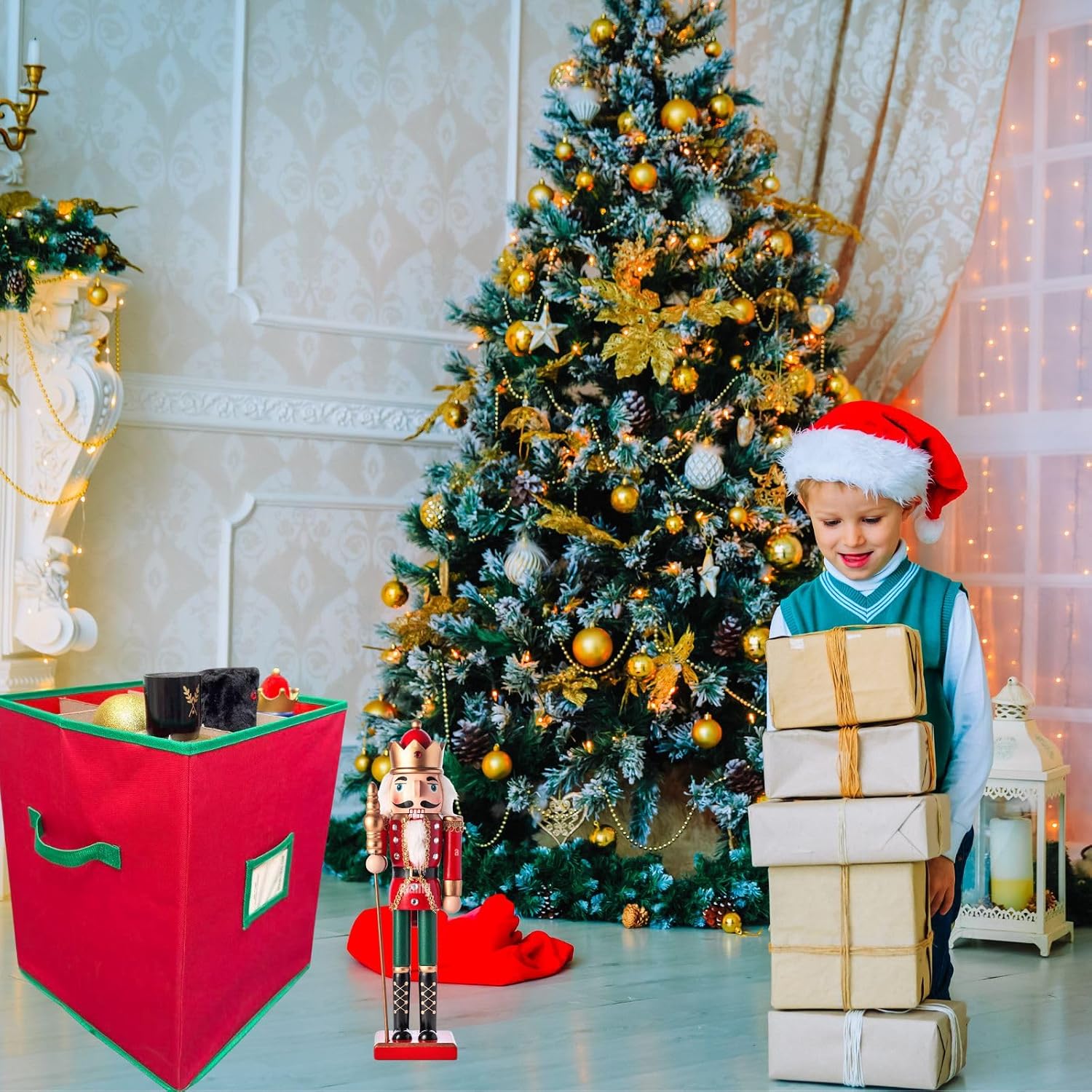 Large Christmas Nutcracker Storage Container with Adjustable Dividers，16.5in Tall Xmas Ornament Storage Box Can Hold 9 Nutcracker & Figurine for Holiday Decor Storage