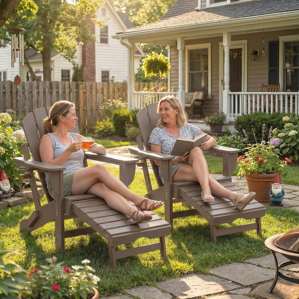 Outsunny Folding Adirondack Chair Set of 2, Outdoor HDPE Fire Pit Chair with Retractable Ottoman, Cup Holder and Large Seat for Deck, Garden, Backyard, Brown