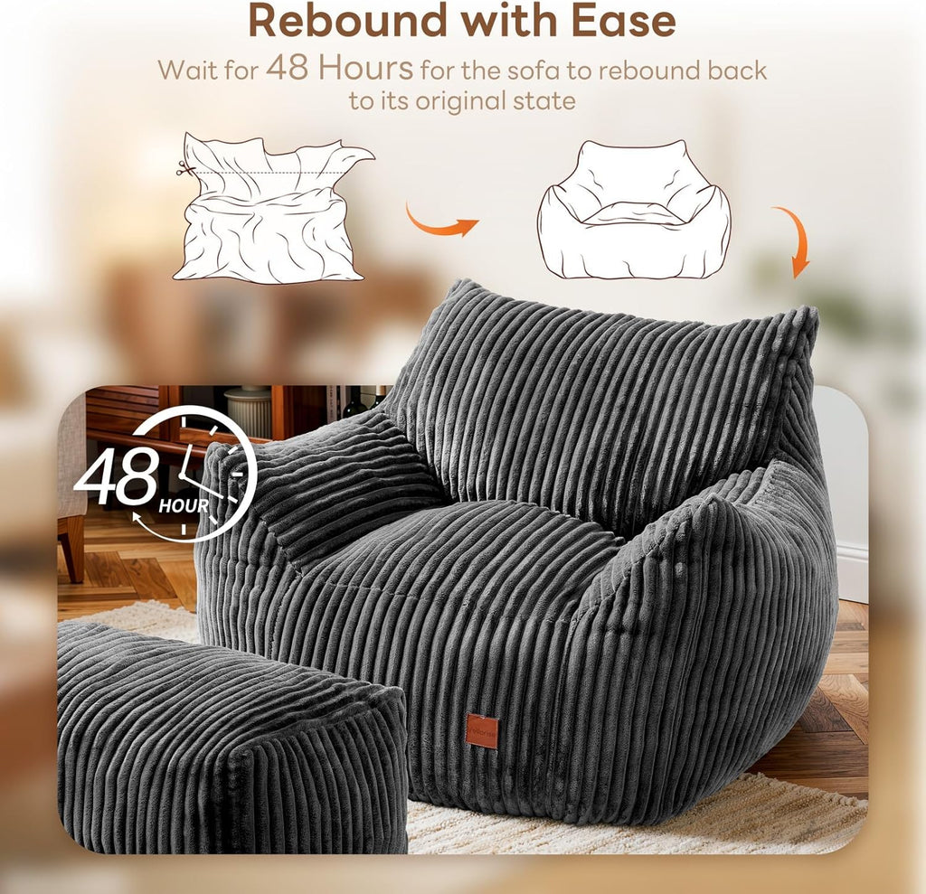 Giant Bean Bag Chair, Oversized Bean Bag Couch for Adults, Fluffy Corduroy BeanBag with Armrests & Ottoman for Living Room, Bedroom, Vacuum-Compressed for Gifting, 48h to Expand Dark Gray