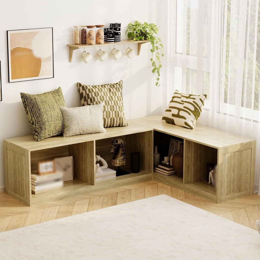 L-Shaped Corner Banquette Storage Bench, Entryway Bench with Open Shoe Storage Shelves for Bedroom, Kitchen Breakfast Nook Corner Benches for Dining Room, Living Room,Oak Color (No Cushion)