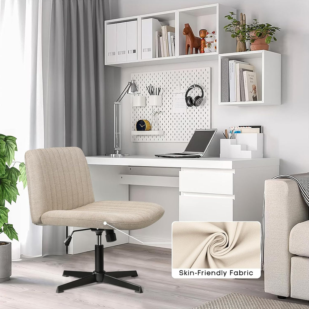 PUKAMI Criss Cross Chair,Comfy Cross Legged Office Desk Chair No Wheels,Modern Fabric Swivel Adjustable Height Mid Back Wide Seat for Home Office Computer (Beige)