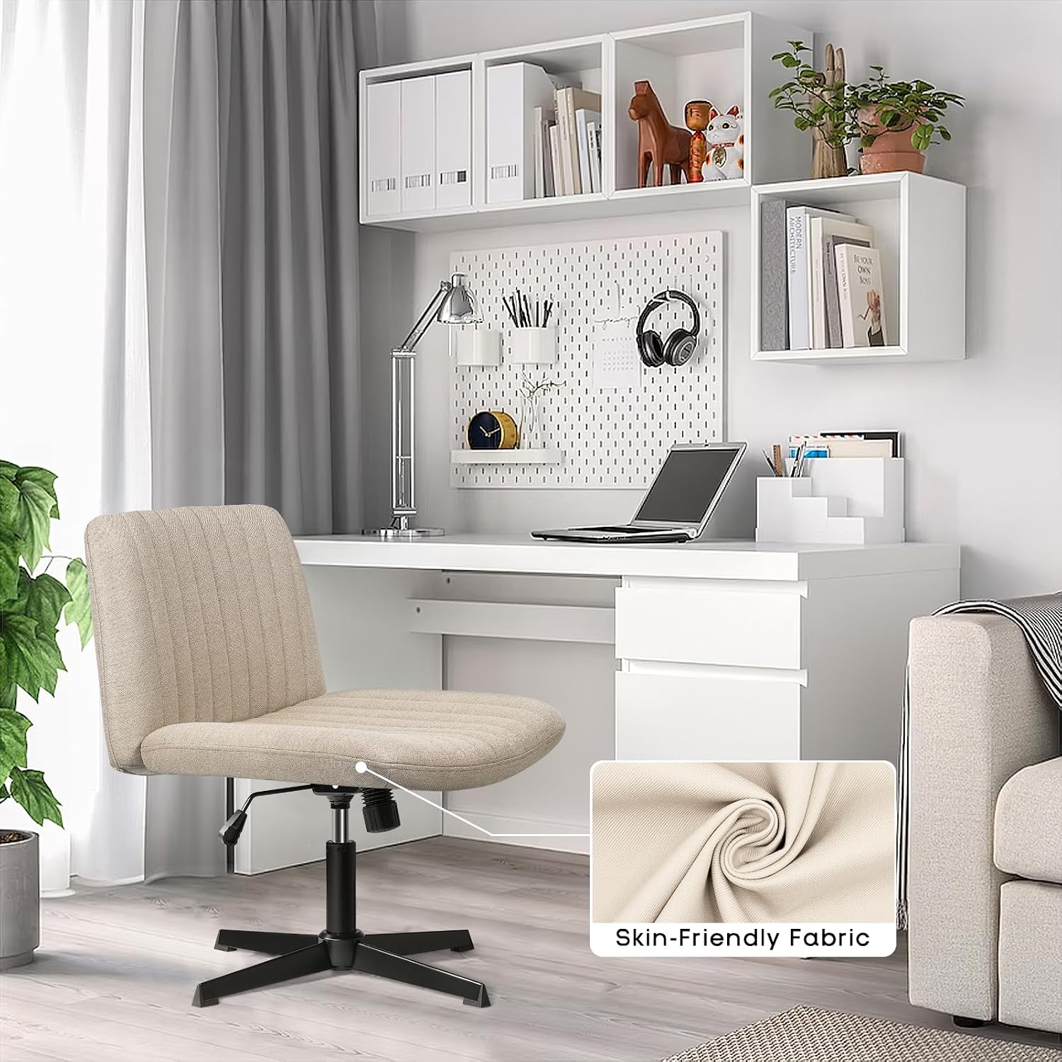 PUKAMI Criss Cross Chair,Comfy Cross Legged Office Desk Chair No Wheels,Modern Fabric Swivel Adjustable Height Mid Back Wide Seat for Home Office Computer (Beige)