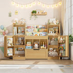 FOTOSOK Toy Storage Organizer with 2 Doors and Movable Drawer, 55.2'' W Toy Organizers and Storage with 9 Cubbies, Kids Bookshelf with Toy Shelf, Playroom Storage Toy Chest Cabinet for Playroom