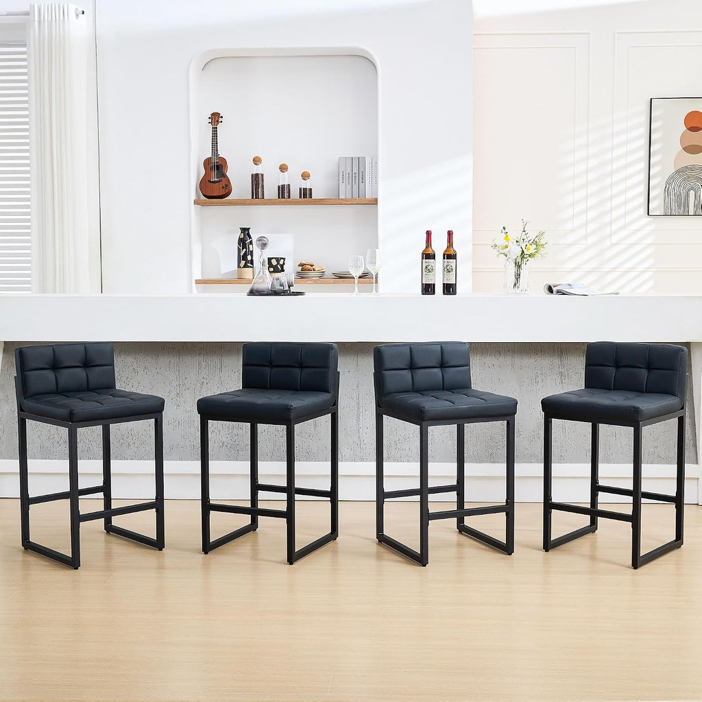 FIRAVOE Bar Stools Set of 4, PU Leather Counter Height Barstools with Low Back and Thickened Metal Legs, 26 Inch Modern Island Chairs for Kitchen Island, Bar, Counter (Black, 4Pcs 26" Counter Stools)