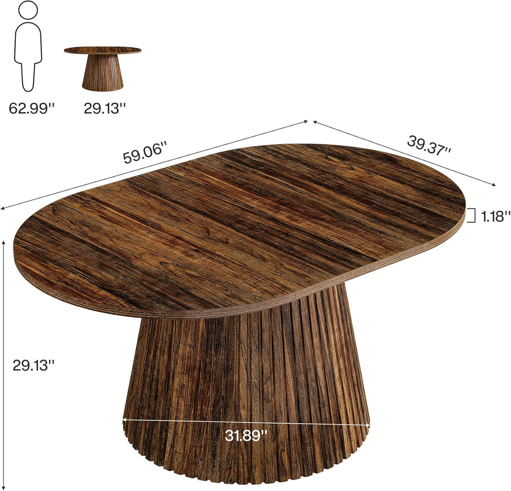 Tribesigns 59" Dining Table for 4-6 People, Farmhouse Dining Room Table with Heavy Pedestal, Oval Wood Kitchen Dinner Table for Living Room, Kitchen, Rustic Brown, 59.06" W x 39.37" D