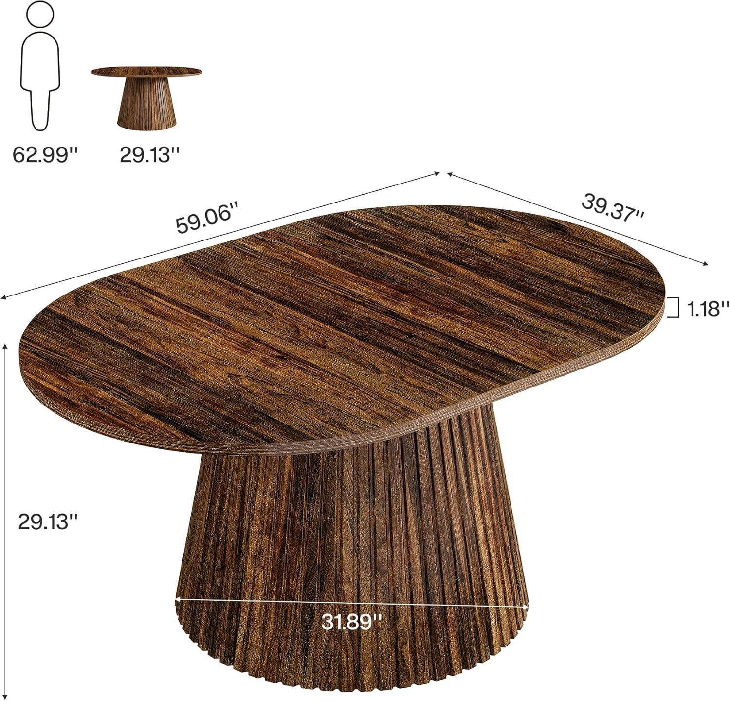 Tribesigns 59" Dining Table for 4-6 People, Farmhouse Dining Room Table with Heavy Pedestal, Oval Wood Kitchen Dinner Table for Living Room, Kitchen, Rustic Brown, 59.06" W x 39.37" D