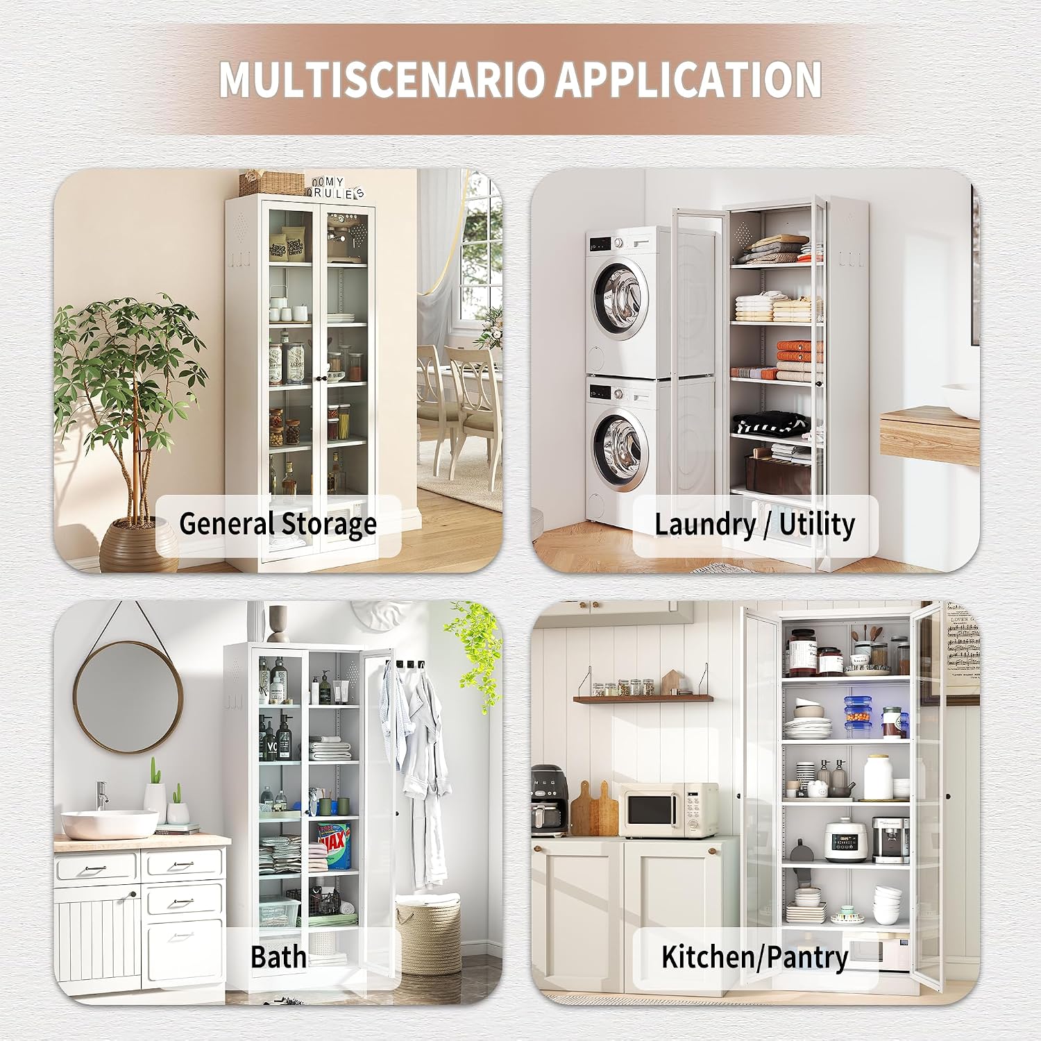 LUMISOL 72" Tall Metal Kitchen Pantry with 5 Adjustable Shelves, Kitchen Storage Cabinet with Glass Doors, Pantry Organizer with Anti-Tip Safety, for Dining Room Office Living Room, White